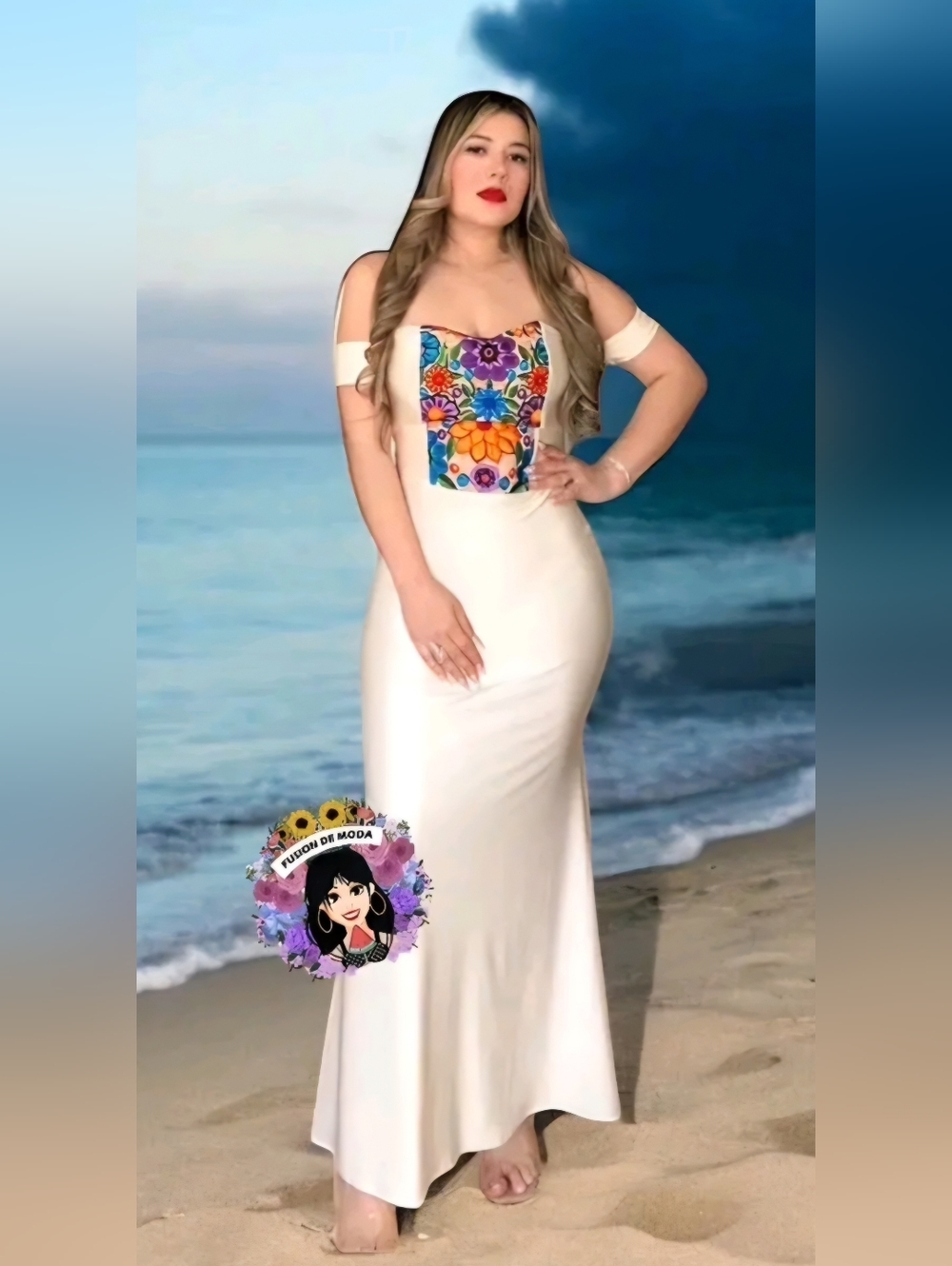 Off-Shoulder Cream Evening Gown with Colorful Mexican Embroidery